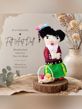 Handmade Felt Folk Art Doll on Natural Wood Base – Handstitched Decorative Piece